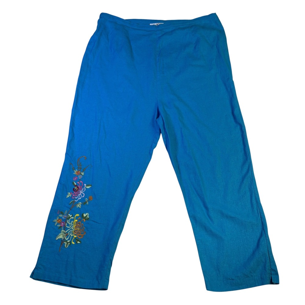 AKC Blue Linen Blend Floral Embroidered Cropped Pants Womens 1X Elastic Back VTG